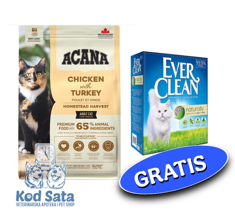 AKCIJA Acana Hrana Za Mačke, Homestead Harvest 1,8kg + GRATIS EverCleanNaturally 6l