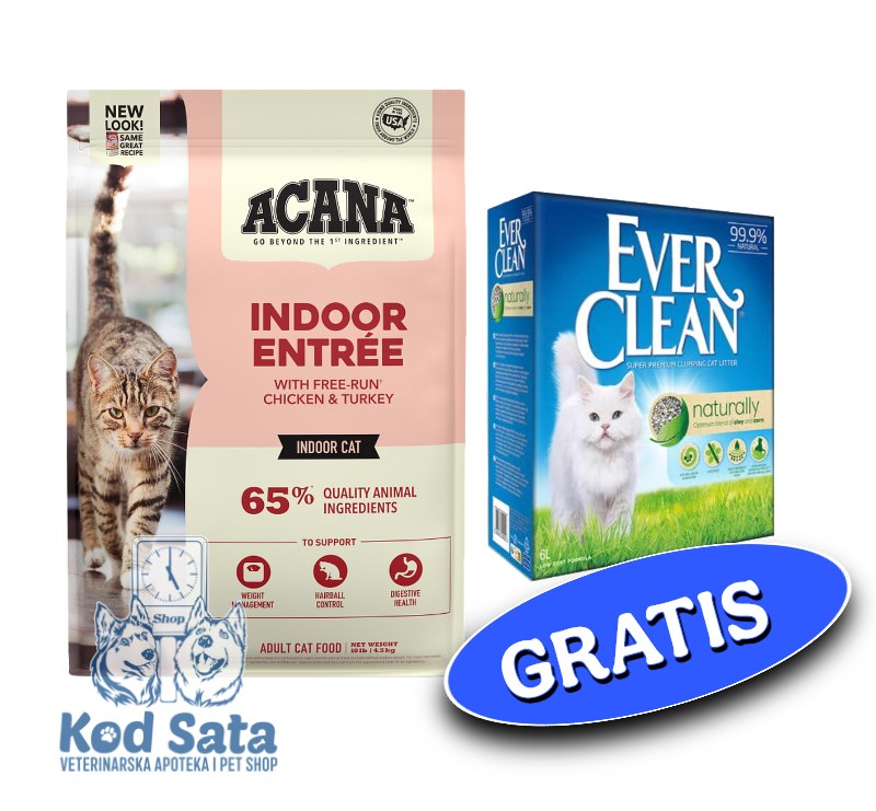 AKCIJA Acana Hrana Za Sterilisane Mačke, Indoor Entree 1,8kg + GRATIS EverCleanNaturally 6l
