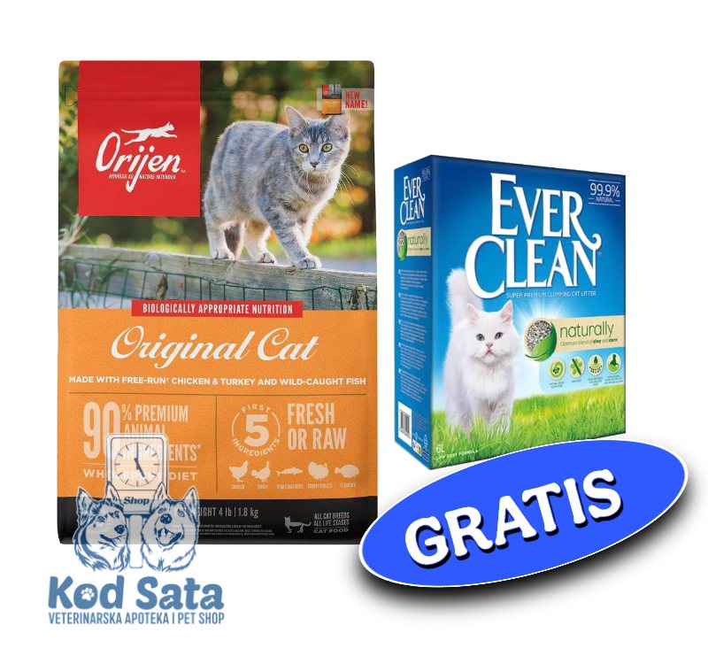 AKCIJA Orijen CAT Original, Hrana Za Mačke Za Sve Uzraste 1,8kg + GRATIS EverCleanNaturally 6l