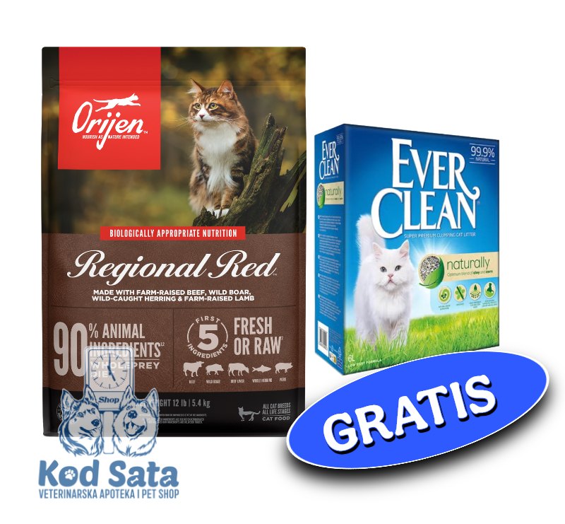 AKCIJA Orijen CAT Regional Red, Hrana Za Mačke 1,8kg + GRATIS EverCleanNaturally 6l